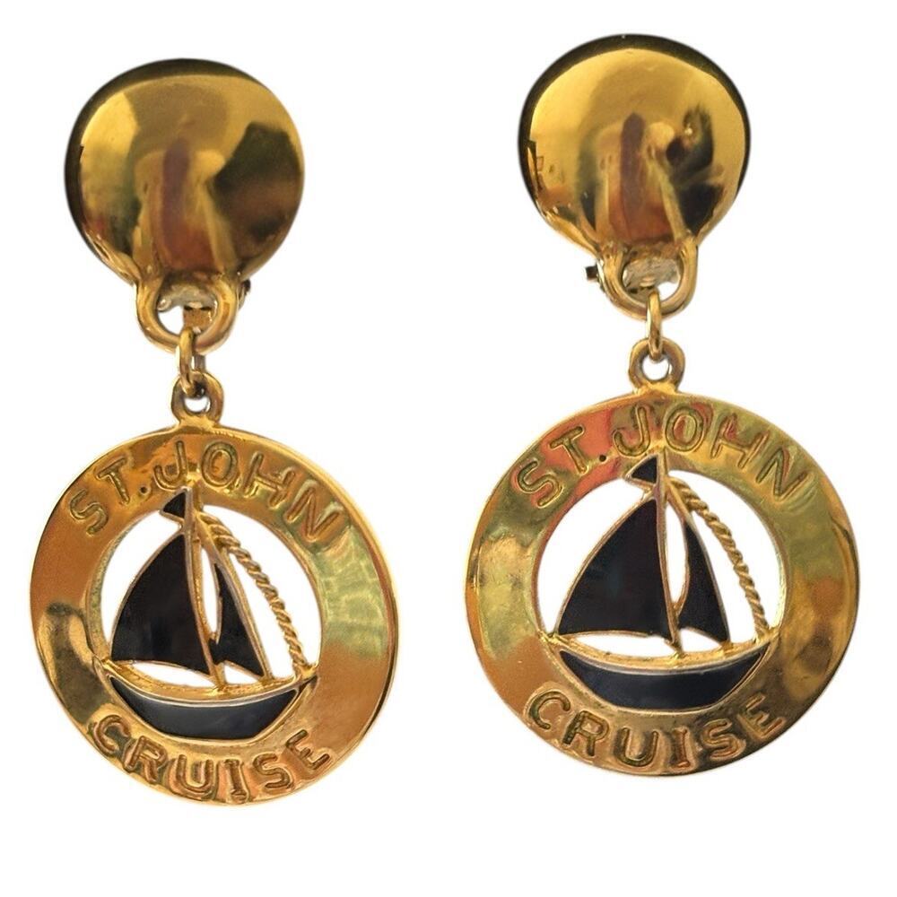 St John Earrings Cruise Nautical Spell Out Clip On Black Enamel Gold Vintage - Picture 4 of 7